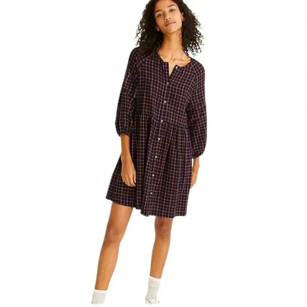 Madewell Plaid Flannel Raglan Button Front Shirtdress Size 4